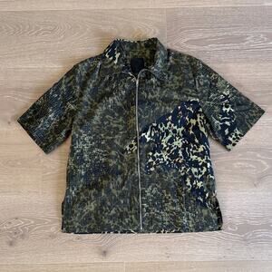 Givenchy Shirt Short Sleeves Zip Front Monogram Size EU40 Black Greenish yellow